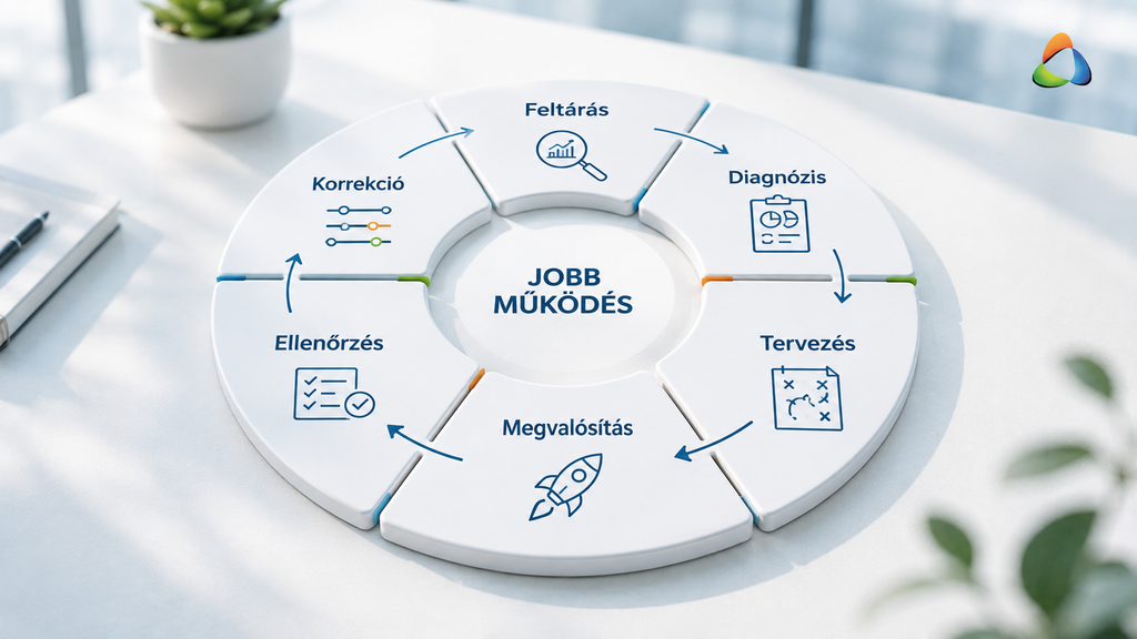 A jobb működés hat lépése: feltárás, diagnózis, tervezés, megvalósítás, ellenőrzés és korrekció.
